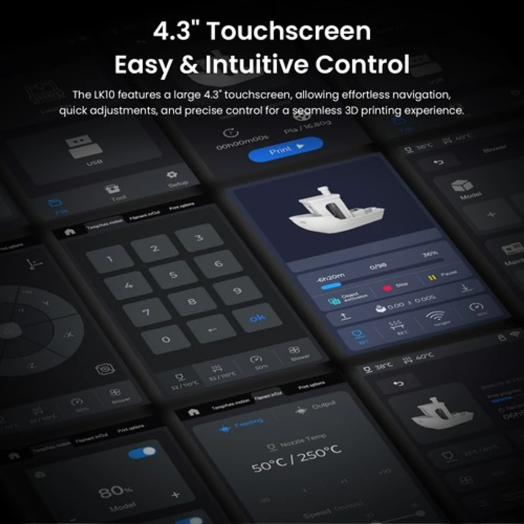 Pantalla táctil 4.3 pulgadas con interfaz oscura e iconos claros, control fácil de impresión 3D, ajustes rápidos, vista previa de modelo y botones grandes