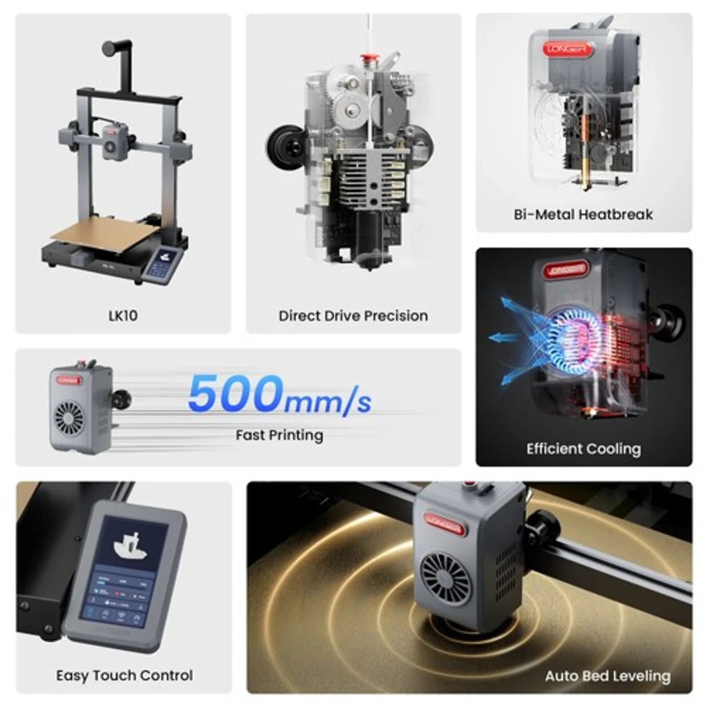 Impresora 3D Longer LK10 FDM con marco rígido, extrusor directo, hotend bimetálico, ventilación eficiente, pantalla táctil y autonivelado; 500 mm/s; PLA,