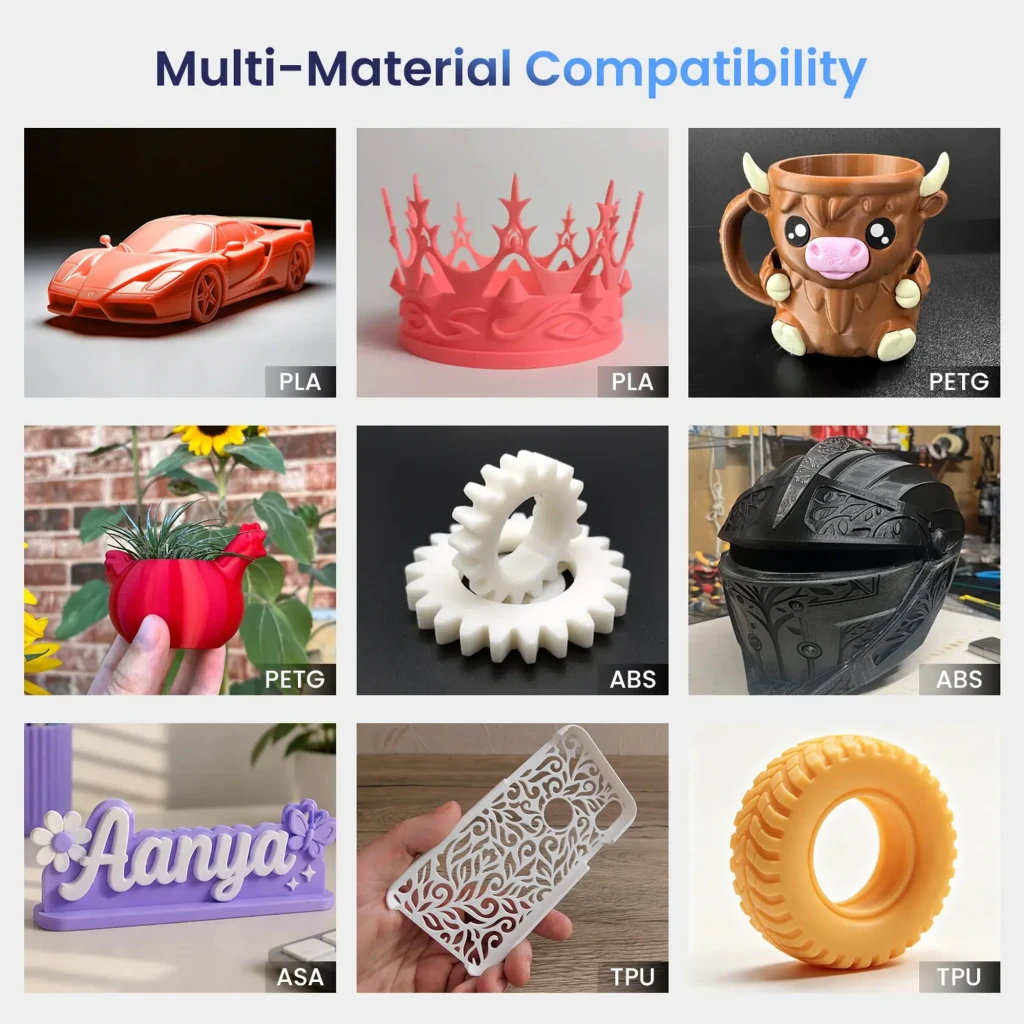 Impresora 3D Longer LK10 Plus FDM con ejemplos de piezas en PLA, PETG, ABS, ASA y TPU; muestra coronas, tazas, engranes, cascos y detalles decorativos