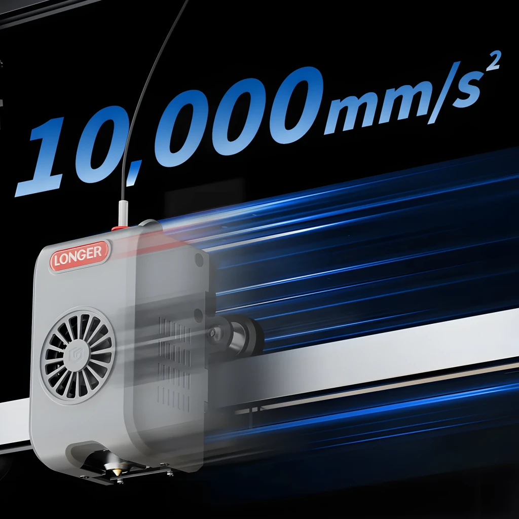 Cabezal de impresión Longer con ventilador frontal y carcasa gris, desplazándose a alta aceleración 10000 mm s² sobre riel metálico con efecto de velocidad