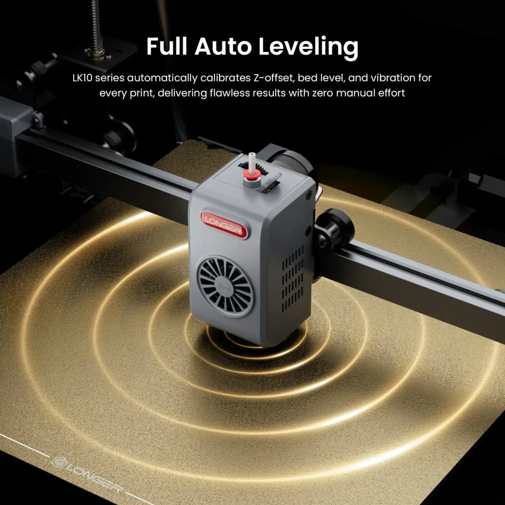 Módulo de autonivelación Longer LK10 Plus con ventilación frontal calibrando Z-offset y cama, anillos dorados indican nivelación completa y precisa