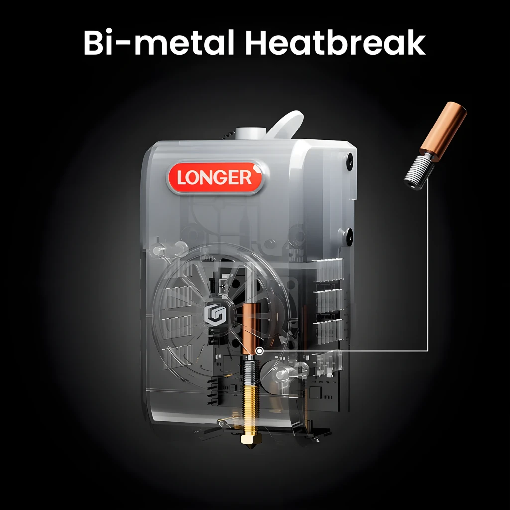 Hotend bi-metal de la Impresora 3D Longer LK10 Plus FDM, disipador transparente con ventilador frontal, heatbreak de cobre y acero, tornillería visible