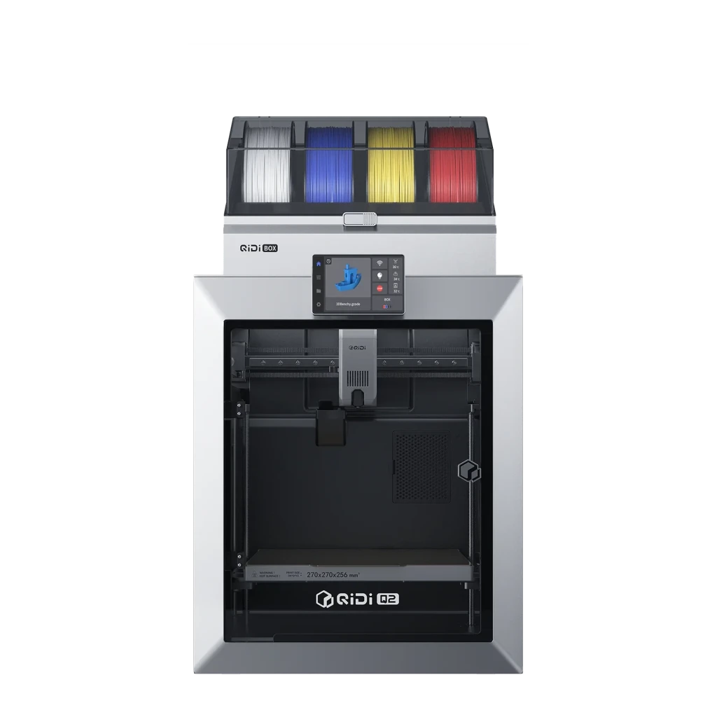 Impresora 3D Qidi Q2 FDM CoreXY con chasis metálico cerrado, pantalla táctil frontal y módulo multibobina superior con filamentos blanco, azul, rojo y