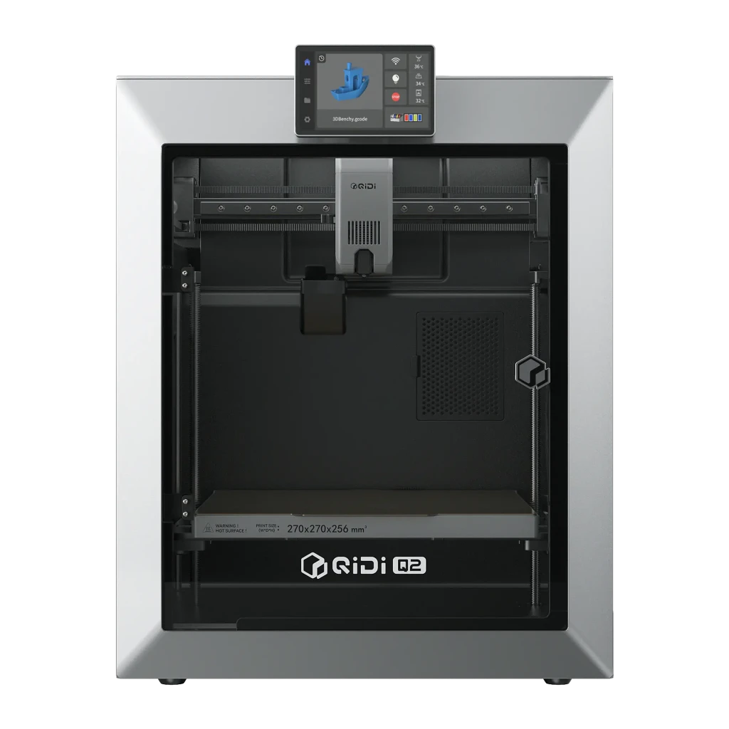 Impresora 3D Qidi Q2 FDM CoreXY con chasis cerrado gris, pantalla táctil superior, gran volumen 270×270×256 mm y rieles lineales para alta precisión