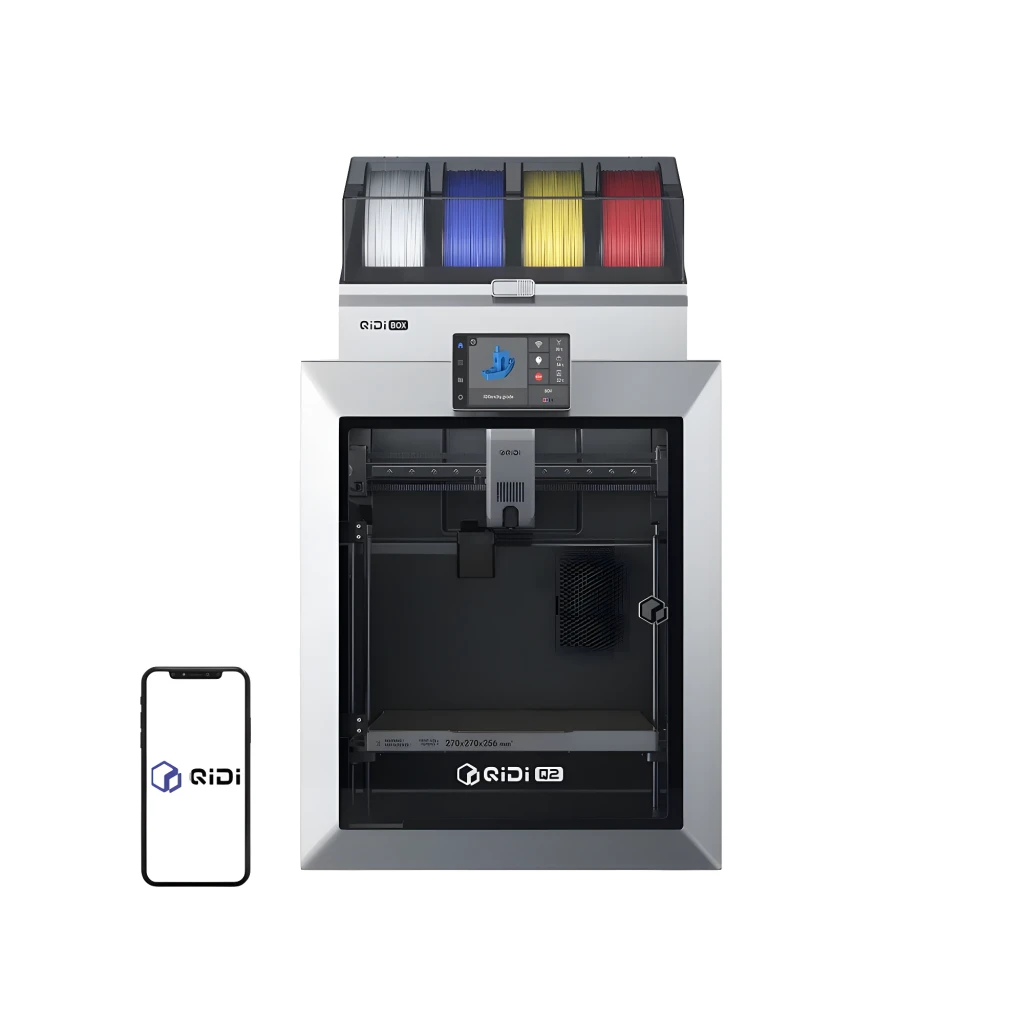 Impresora 3D Qidi Q2 FDM CoreXY cerrada con pantalla táctil, rack superior para 4 filamentos y cámara amplia; incluye app móvil para control remoto