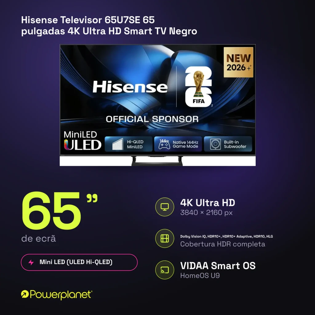 Televisor Hisense 65U7SE 65 pulgadas con panel Mini LED ULED 4K, 144Hz, colores vivos y alto contraste, marcos delgados y sistema VIDAA U9