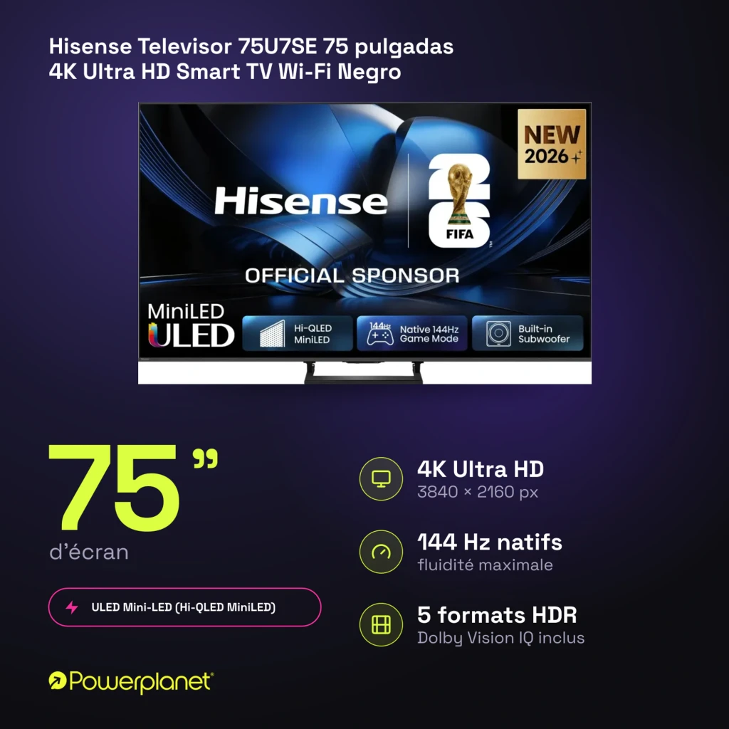 Televisor Hisense 75U7SE 75 pulgadas Mini LED 4K con 144 Hz, marcos finos, peana central metálica y soporte HDR, interfaz VIDAA U9 intuitiva