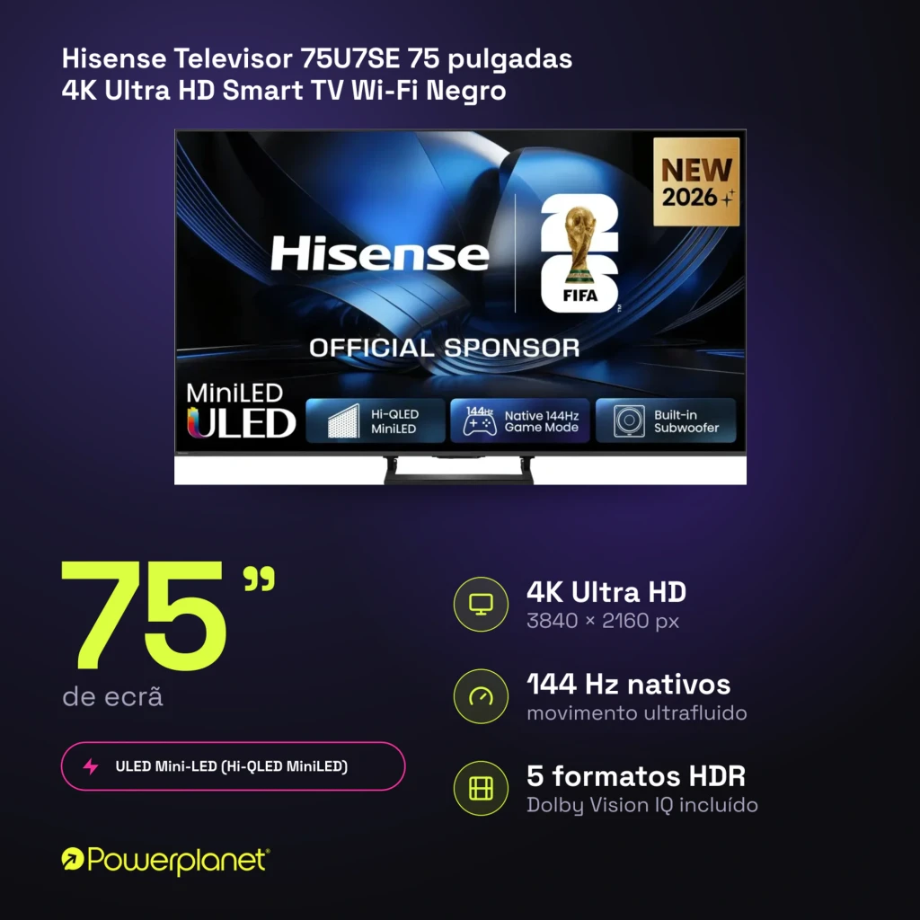 Televisor Hisense 75U7SE 75 pulgadas con panel Mini LED 4K, 144Hz, bordes delgados, peana central metálica y pantalla de alto contraste con HDR múltiples