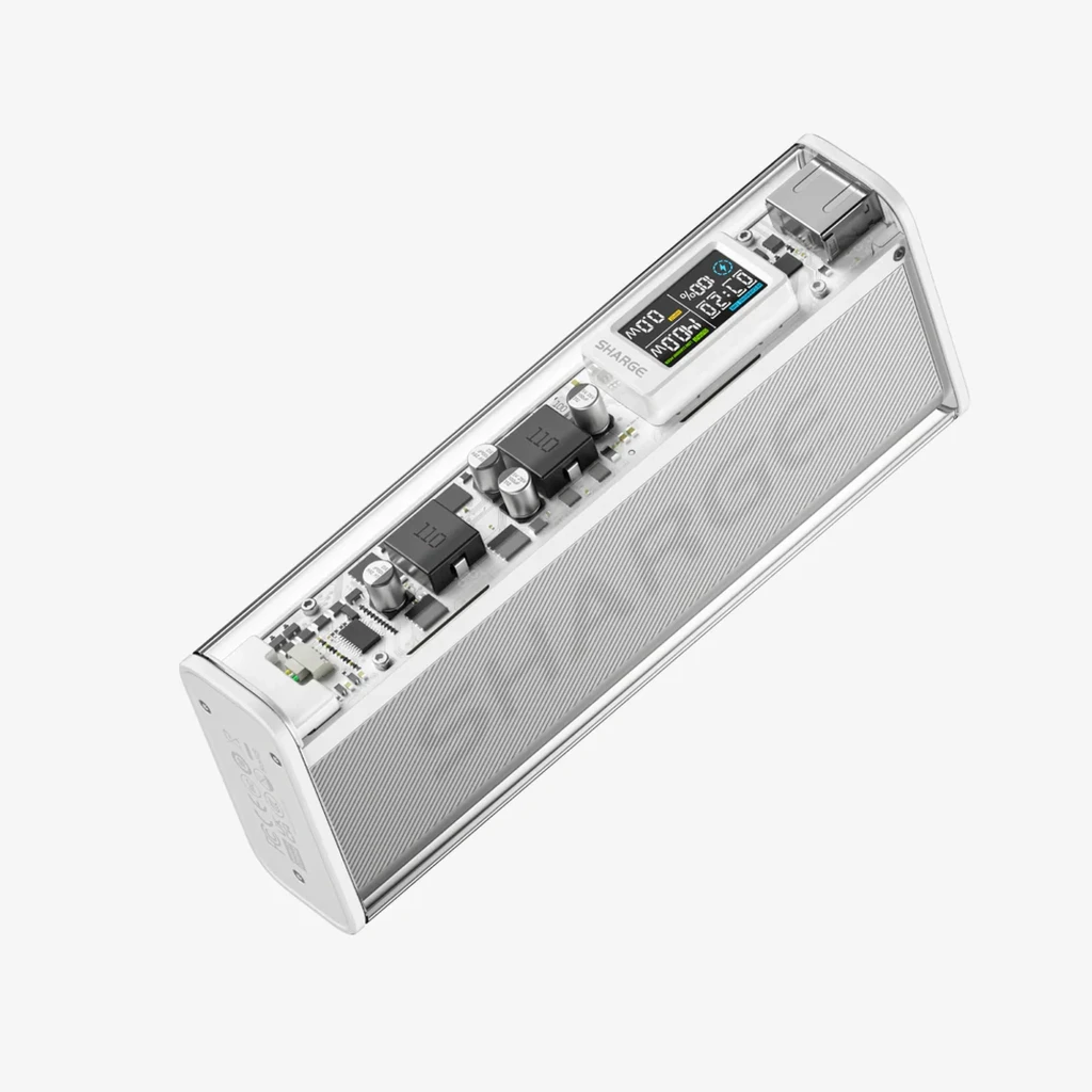 Power Bank Shargeek 140 20000mAh prata com corpo translúcido, display de status, portas USB-C e USB-A, acabamento metálico e design retangular compacto