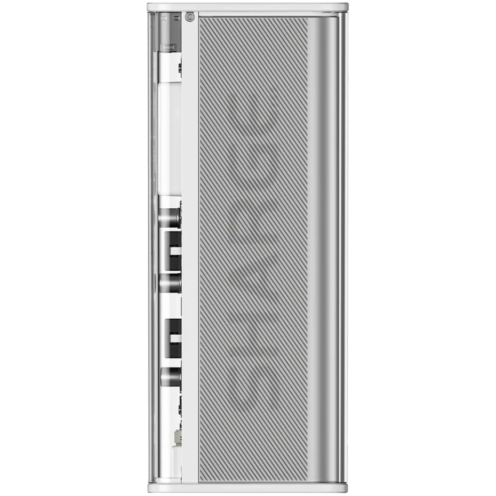 Power Bank Shargeek 140 plata con carcasa metálica y ventana lateral que muestra componentes internos; diseño vertical estriado, estilo industrial compacto