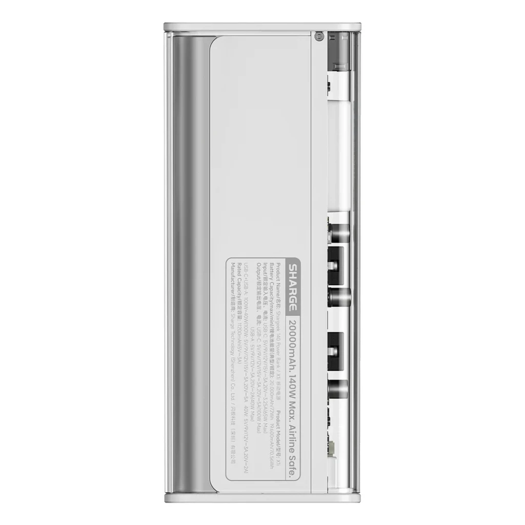 Power Bank Shargeek 140 plata con carcasa transparente parcial, indicador lateral, puertos USB-C y USB-A visibles y cuerpo rectangular compacto 20000mAh 140W