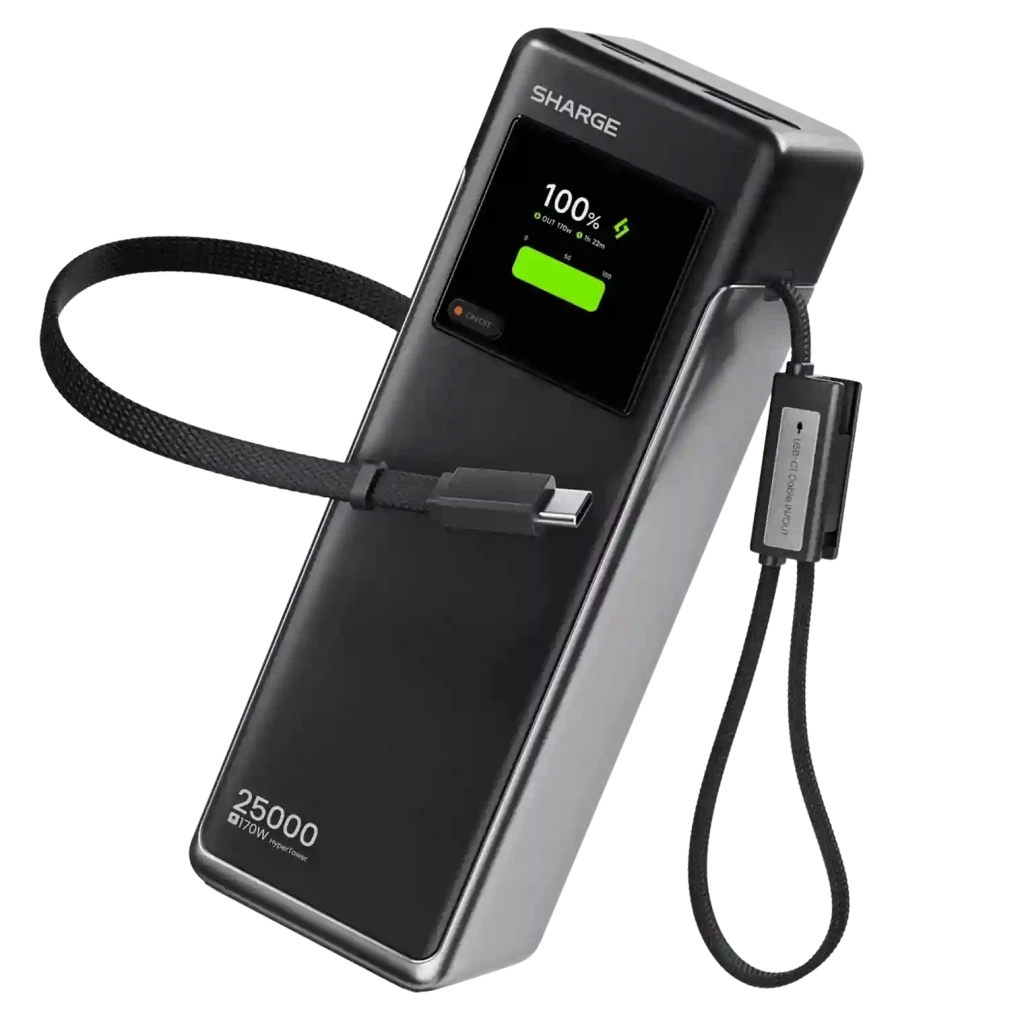Powerbank SHARGE HyperTower X6 preto com tela de carga, 25000 mAh, 170 W PD 3.1, corpo elegante, cabos USB-C integrados e alça têxtil removível