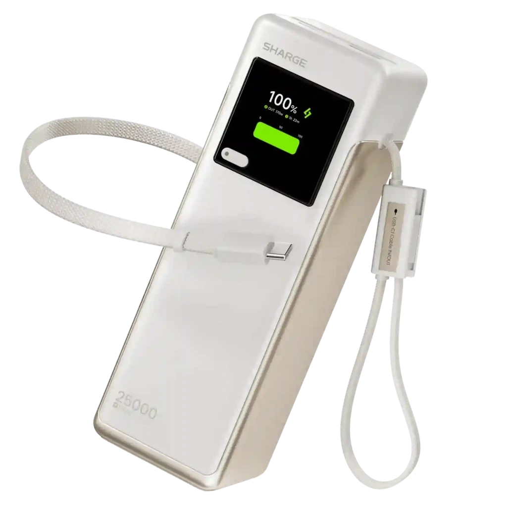 Powerbank SHARGE HyperTower X6 branco com visor de bateria, 170 W PD 3.1, 25 000 mAh, cabos integrados e design premium portátil