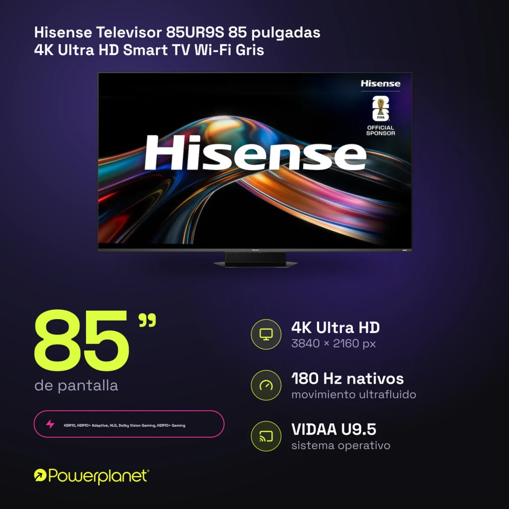 Televisor Hisense 85UR9S 85 pulgadas con pantalla 4K Ultra HD, panel Mini LED, tasa de 180 Hz y sistema VIDAA U9.5; bordes finos y base central elegante