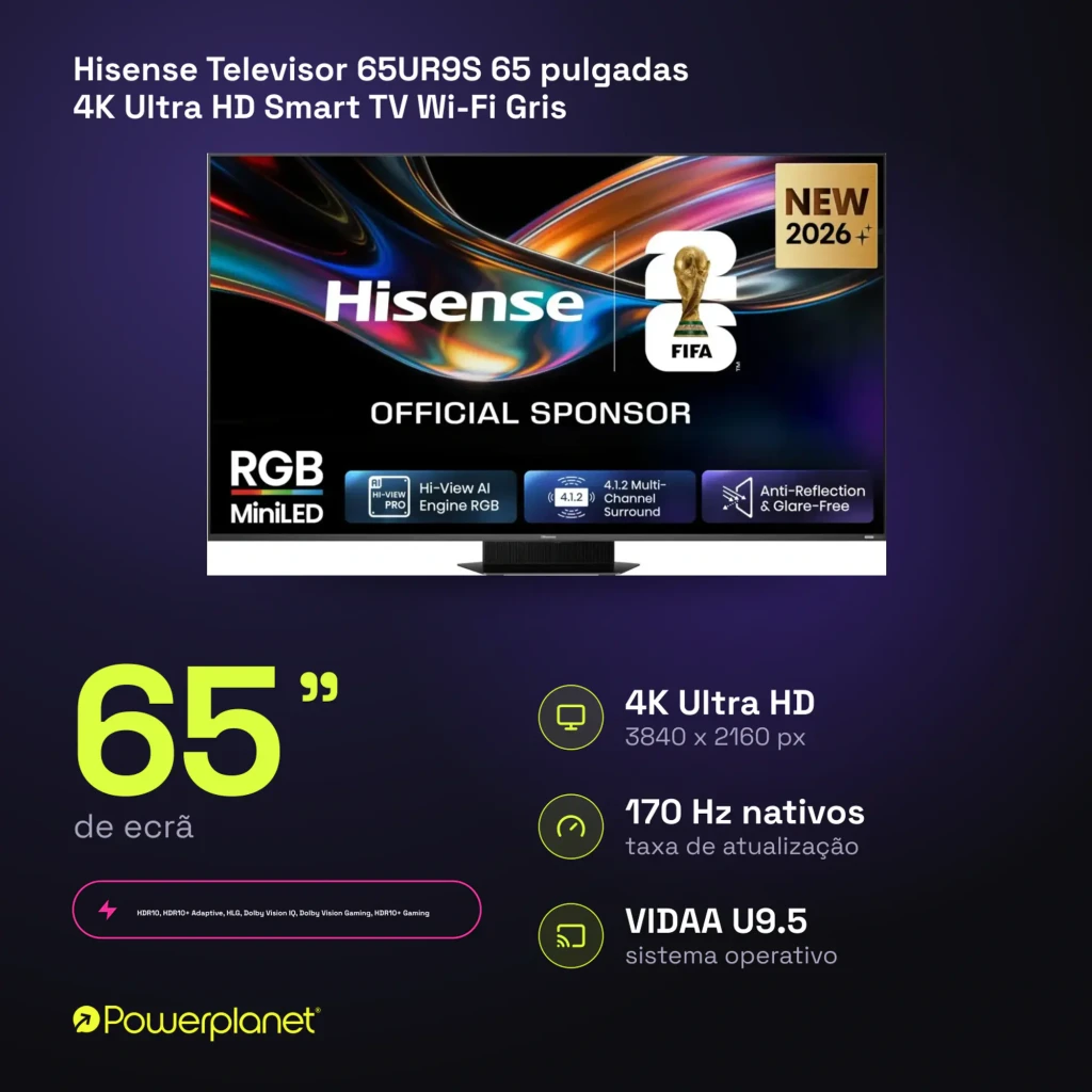 Televisor Hisense 65UR9S 65 pulgadas con panel Mini LED RGB, 4K Ultra HD, tasa nativa 170 Hz y sistema VIDAA U9.5; marco fino y peana central elegante