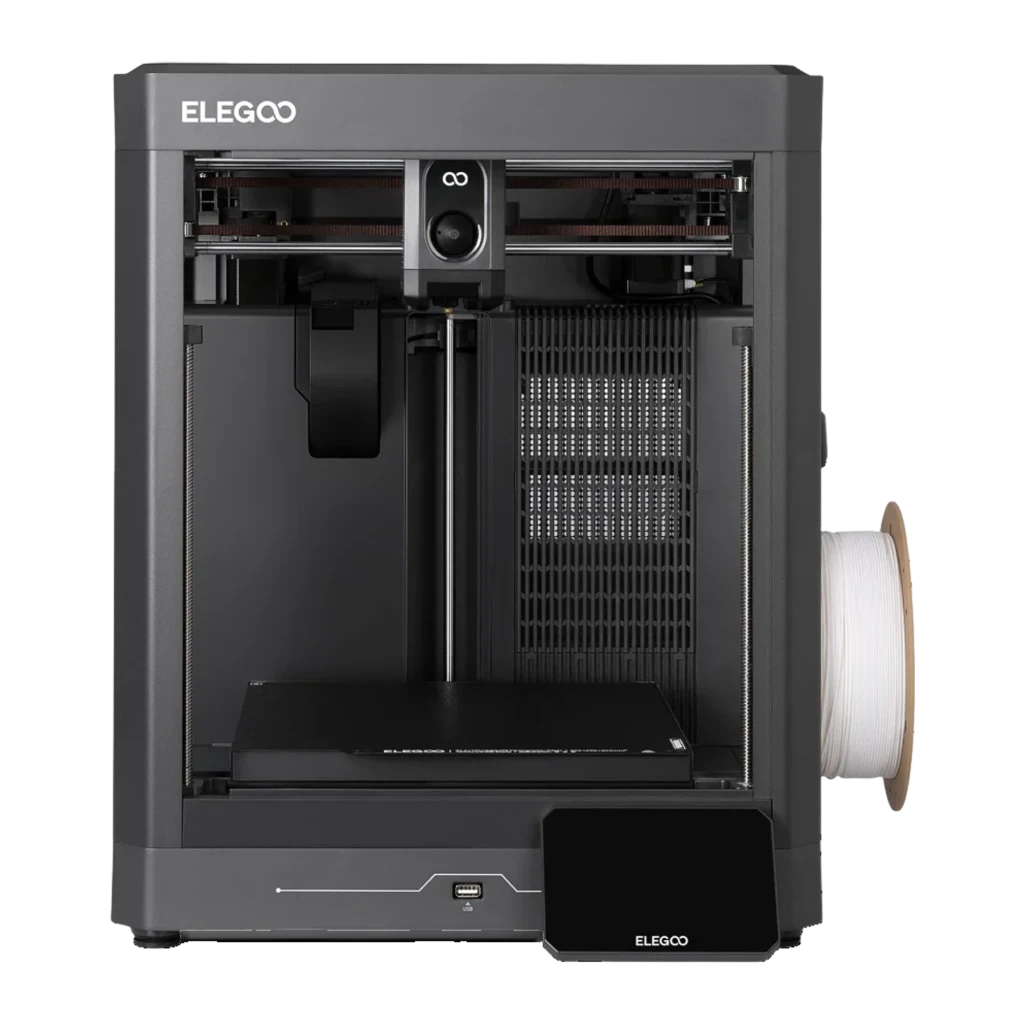 Impresora 3D Elegoo Centauri 2 con chasis negro cerrado, módulo frontal con cámara, cama de impresión amplia y portabobina lateral para 4 colores CANVAS 500
