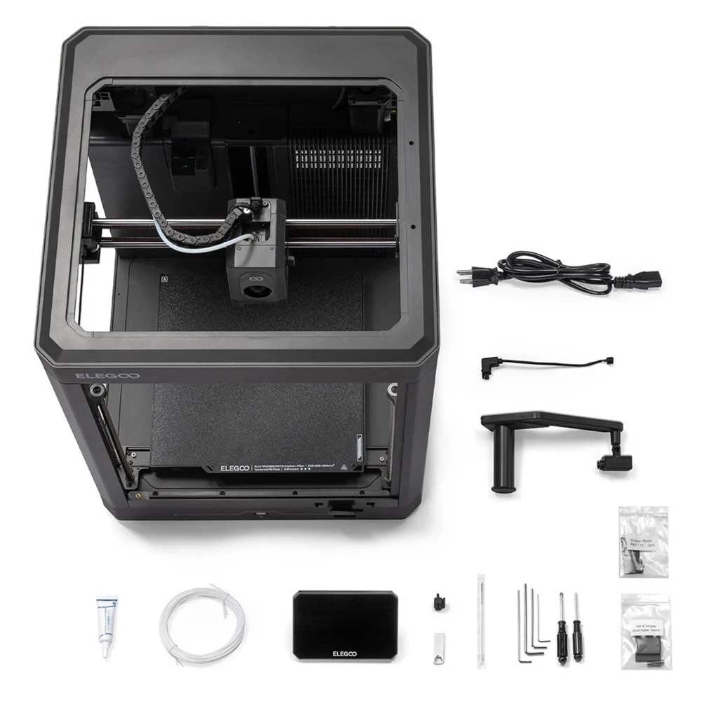Impresora 3D Elegoo Centauri 2 con marco cerrado, cabezal FDM multicolor, cama texturizada, cableado ordenado y accesorios completos para montaje y