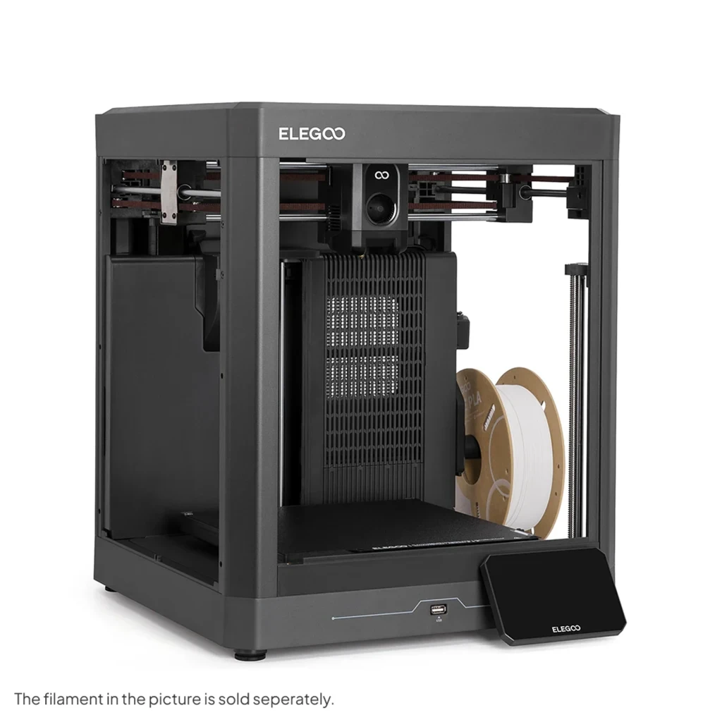 Impresora 3D Elegoo Centauri 2, chasis cerrado gris, módulo multicolor 4 filamentos, pantalla táctil separada, carrete lateral, alta velocidad 500 mm/s