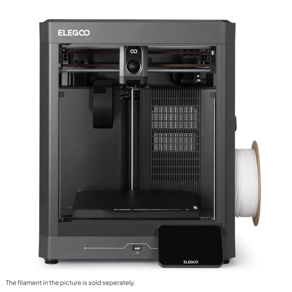 Impresora 3D Elegoo Centauri 2 con chasis cerrado, cama amplia, extrusión de 4 colores, pantalla táctil frontal y portabobinas lateral; FDM hasta 500 mm/s
