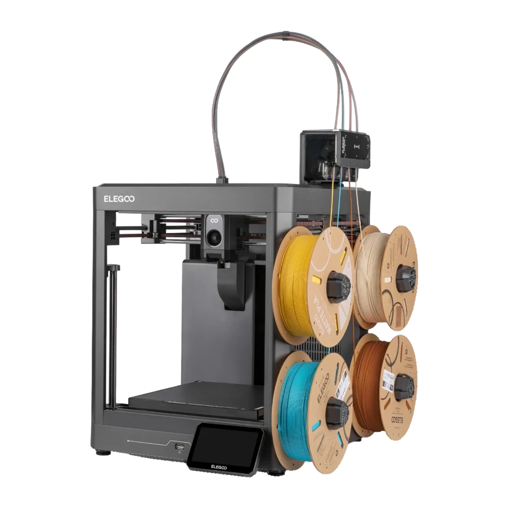 Impresora 3D Elegoo Centauri Carbon 2 Combo CANVAS con módulo 4 colores RFID, cuatro bobinas visibles, chasis metálico robusto y pantalla táctil frontal