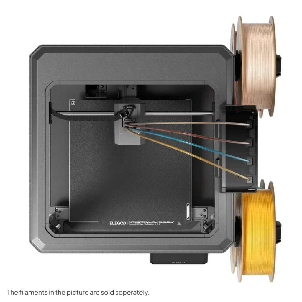 Impresora 3D Elegoo Centauri Carbon 2 Combo CANVAS 4 Colores RFID FDM vista superior con extrusor central, guía de 4 filamentos y base de impresión cuadrada
