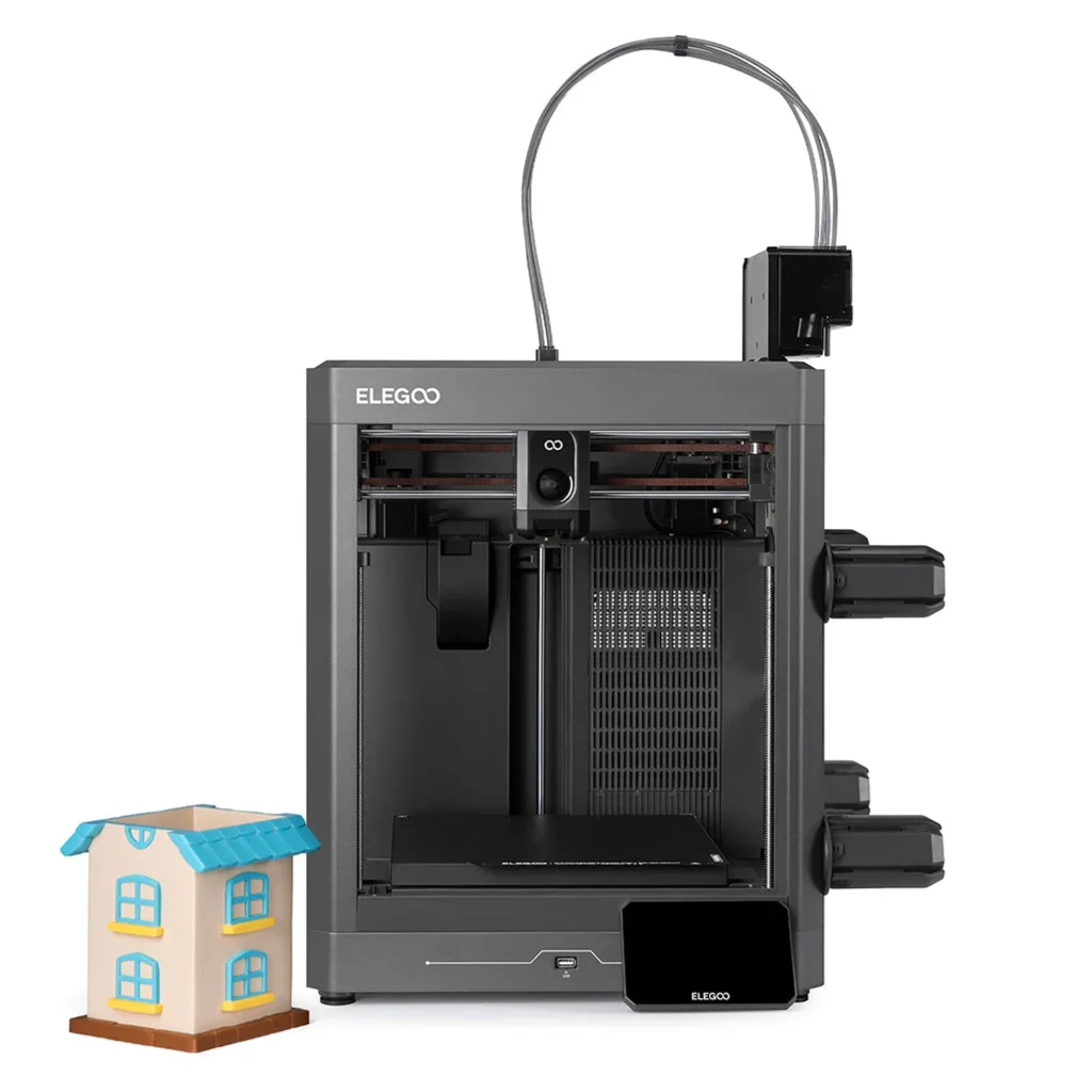 Impresora 3D Elegoo Centauri Carbon 2 Combo CANVAS 4 Colores RFID FDM con chasis gris, módulo multicolor lateral, pantalla táctil y ejemplo de casa impresa