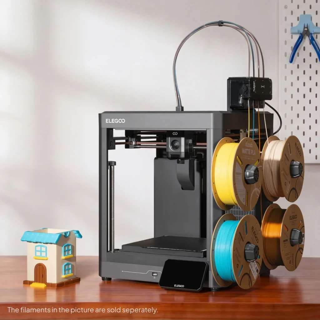 Impresora 3D Elegoo Centauri Carbon 2 Combo CANVAS con 4 portabobinas RFID laterales, boquilla FDM, chasis metálico y pantalla táctil frontal