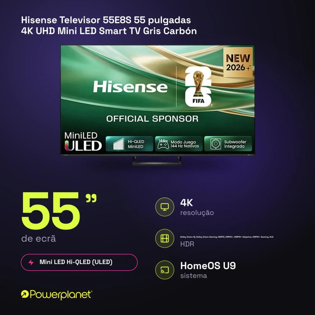 Televisor Hisense 55E8S 55 pulgadas con panel Mini LED 4K, 144Hz, HDR, biseles finos y soporte central; colores vivos y negros profundos para cine y gaming