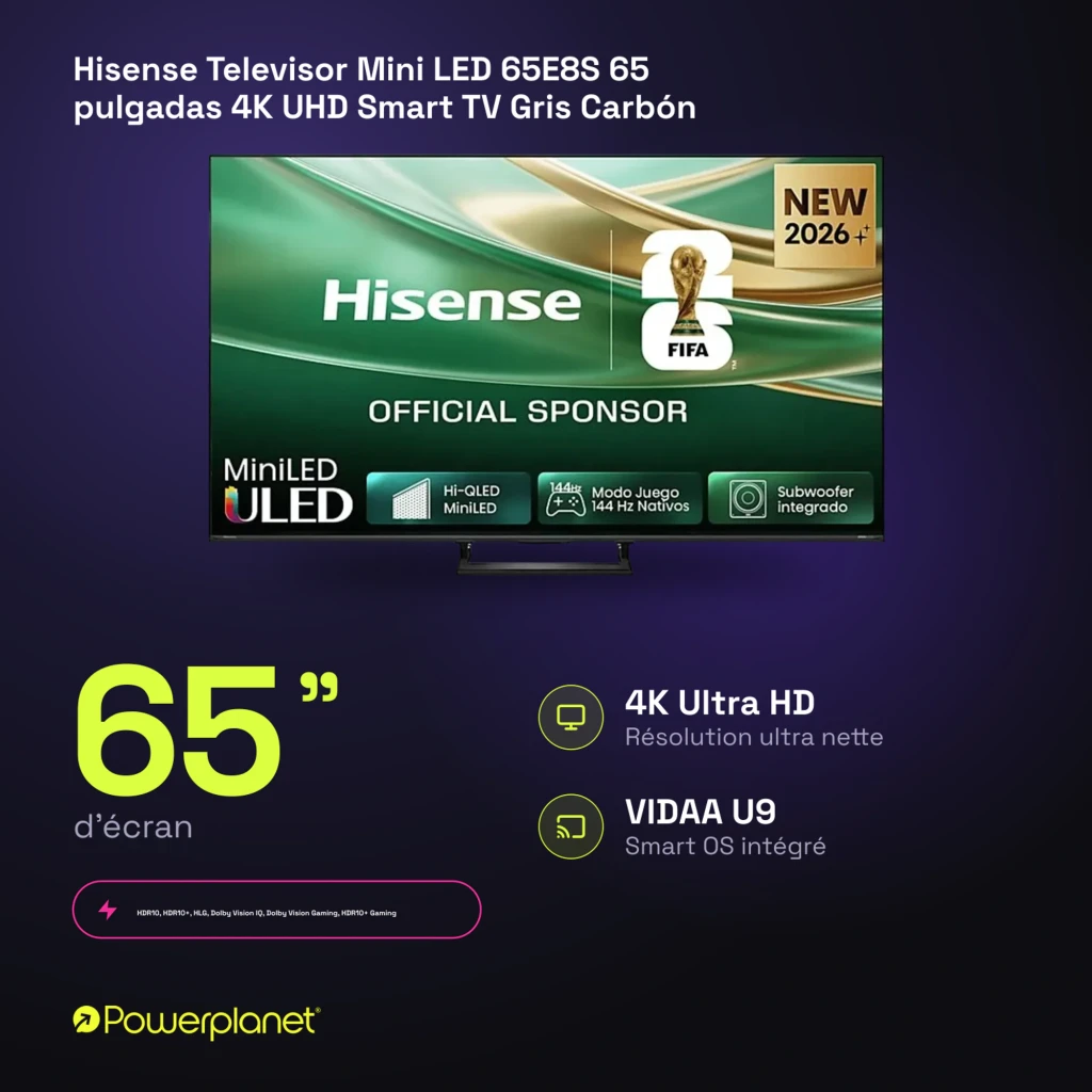 Televisor Hisense 65E8S 65 pulgadas Mini LED 4K con ULED, 144 Hz para juegos, HDR, biseles delgados y sistema Smart TV VIDAA U9 en color gris carbón