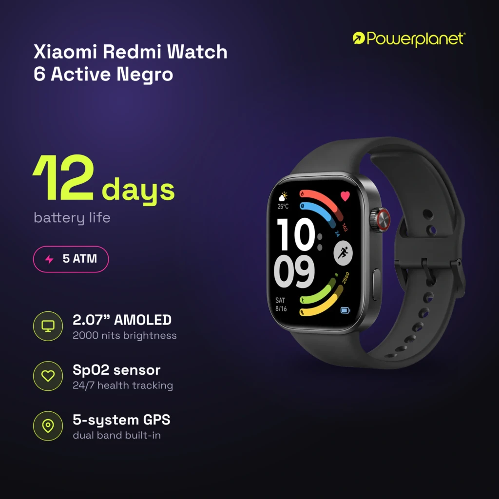 Xiaomi Redmi Watch 6 Active Negro con pantalla AMOLED 2.07, brillo 2000 nits, correa negra, botón rojo lateral, carátula colorida y GPS de doble banda
