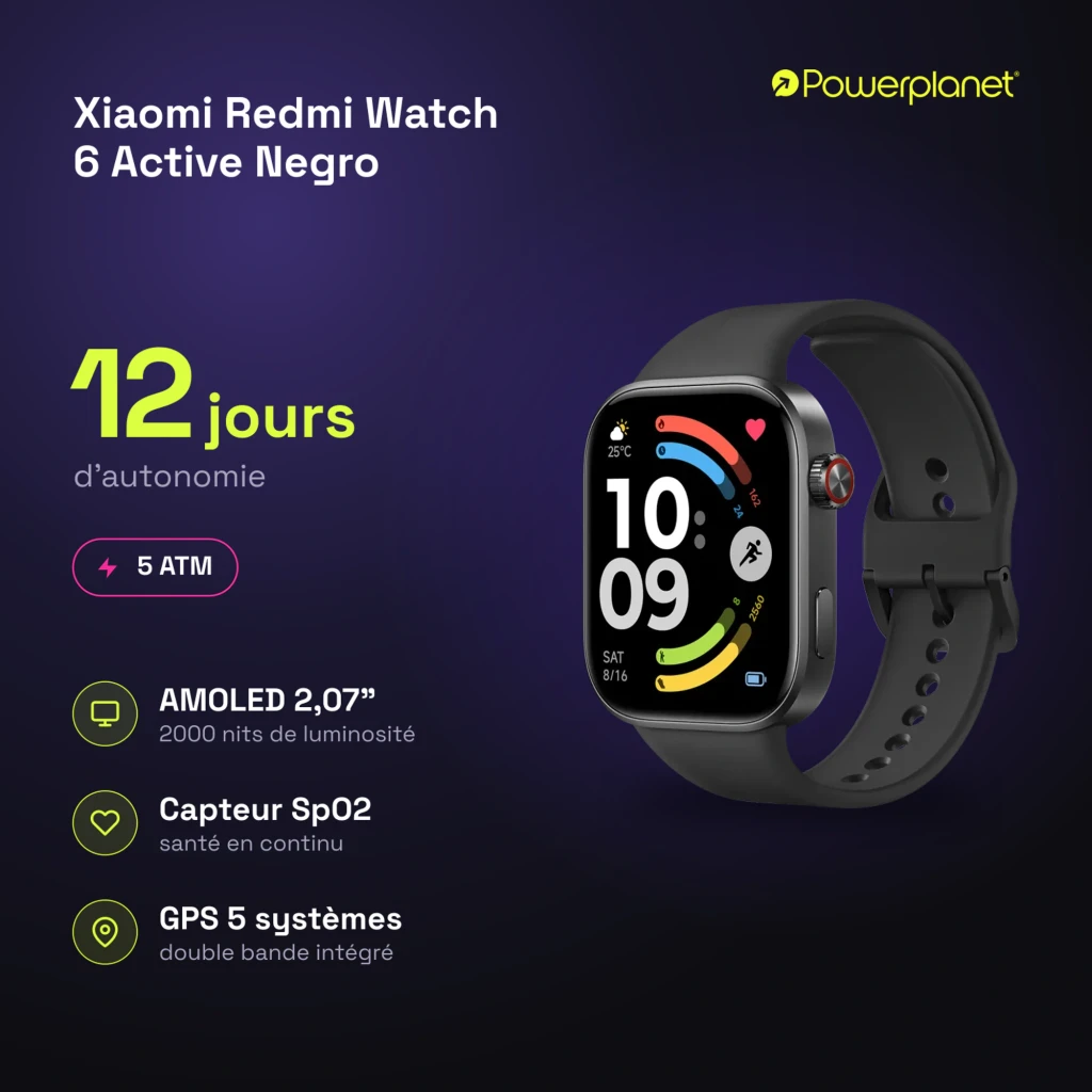 Xiaomi Redmi Watch 6 Active Negro con pantalla AMOLED 2.07, bisel curvo, correa de silicona negra y botón rojo lateral; esferas coloridas y GPS de doble banda