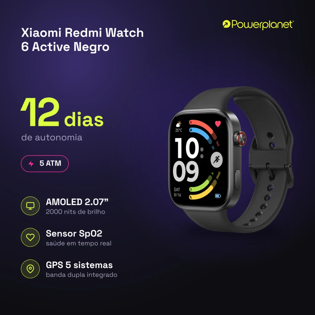 Xiaomi Redmi Watch 6 Active Negro con pantalla AMOLED 2.07, correa negra, corona lateral roja, resistencia 5 ATM, GPS de banda dual y sensor SpO2.