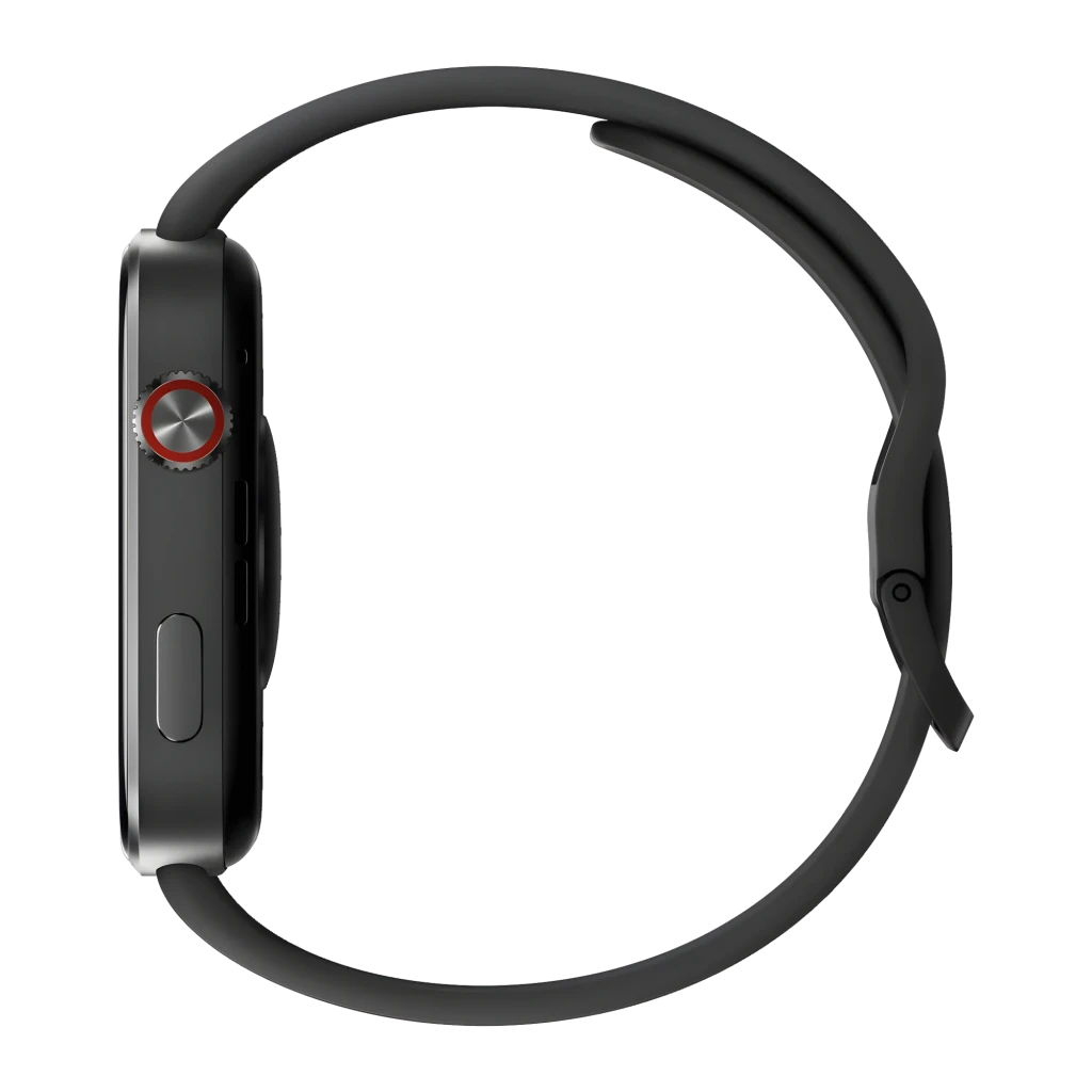 Xiaomi Redmi Watch 6 Active Negro con caja rectangular delgada, corona lateral con aro rojo, botón adicional y correa de silicona negra con hebilla ajustable