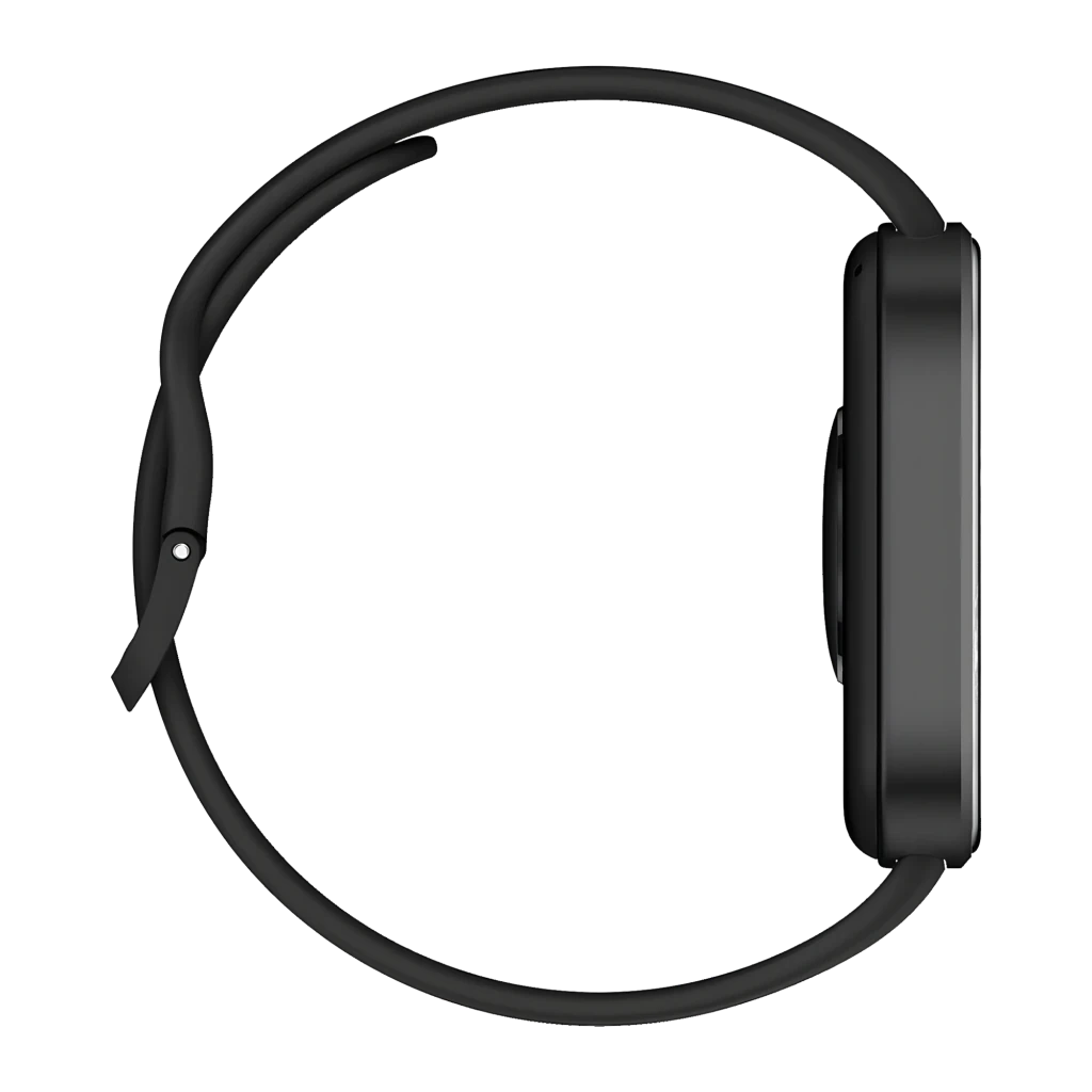 Xiaomi Redmi Watch 6 Active Negro con caja rectangular delgada vista lateral, perfil metálico mate, botón lateral y correa de silicona negra ajustable