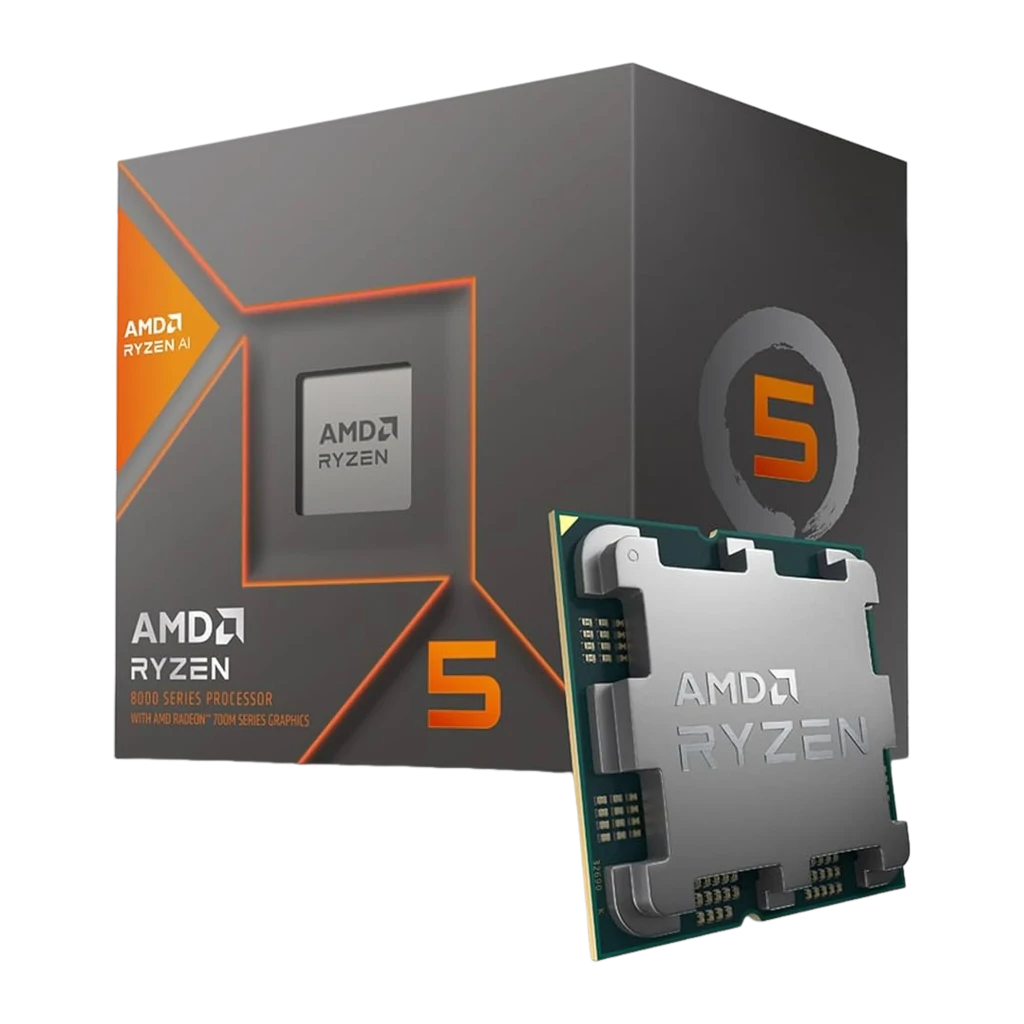 AMD Ryzen 5 8600G, vista principal: caja gris con detalles naranja junto al procesador AM5 con IHS metálico visible