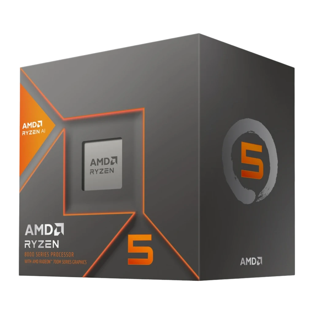 AMD Ryzen 5 8600G, vista frontal de caja: ángulo tres cuartos, cara frontal con logo Ryzen 5 y diseño naranja y gris