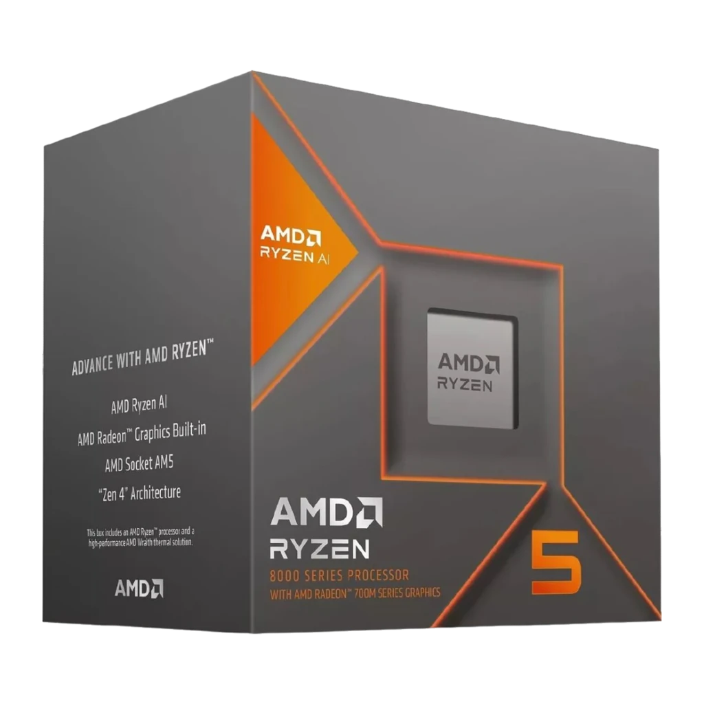 AMD Ryzen 5 8600G, vista lateral de caja: cara izquierda con especificaciones Zen 4, Socket AM5 y Radeon integrada