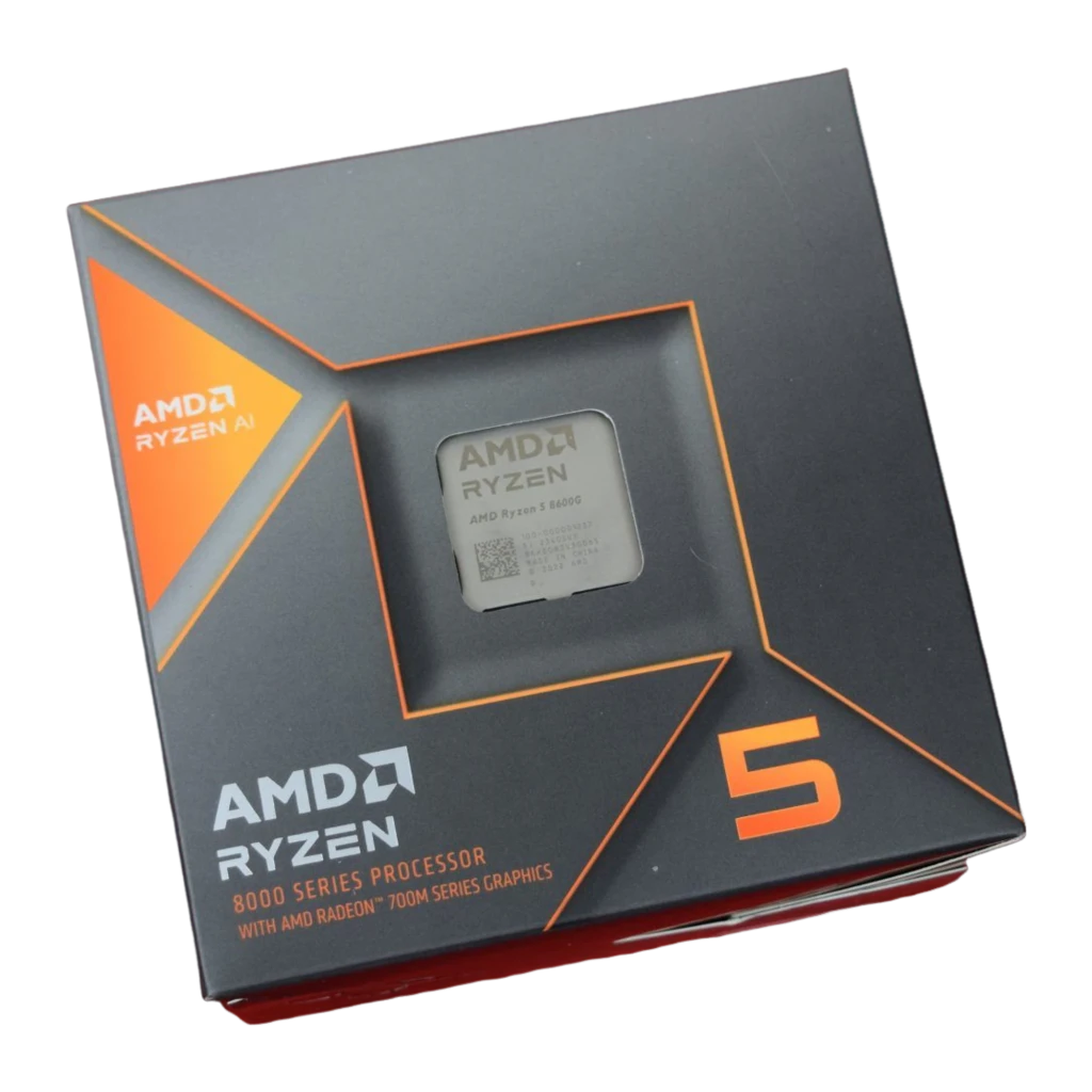 AMD Ryzen 5 8600G, vista superior de caja: tapa con ventana que muestra el procesador con etiqueta 8600G visible