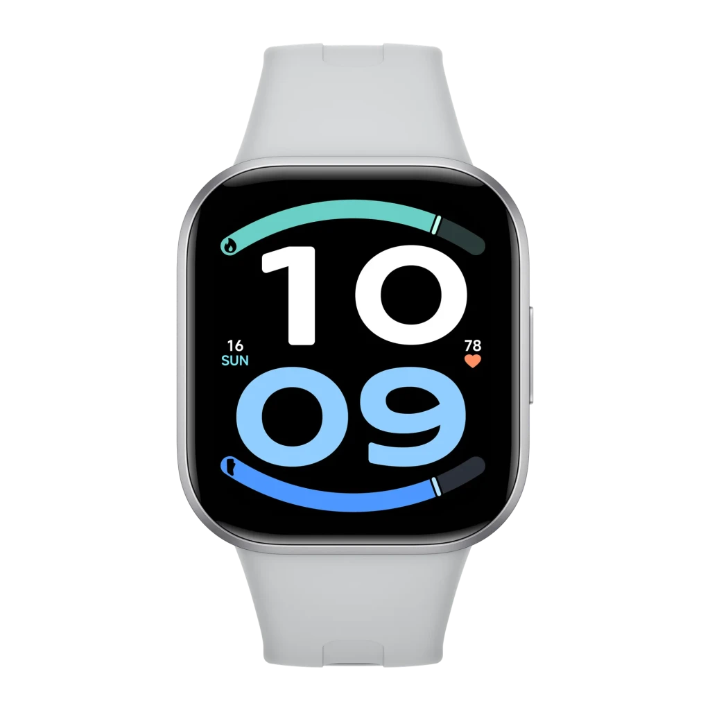 Xiaomi Redmi Watch 6 Active Plata con pantalla rectangular grande, correa de silicona gris, bisel metálico, esfera digital colorida y sensor de ritmo cardiaco