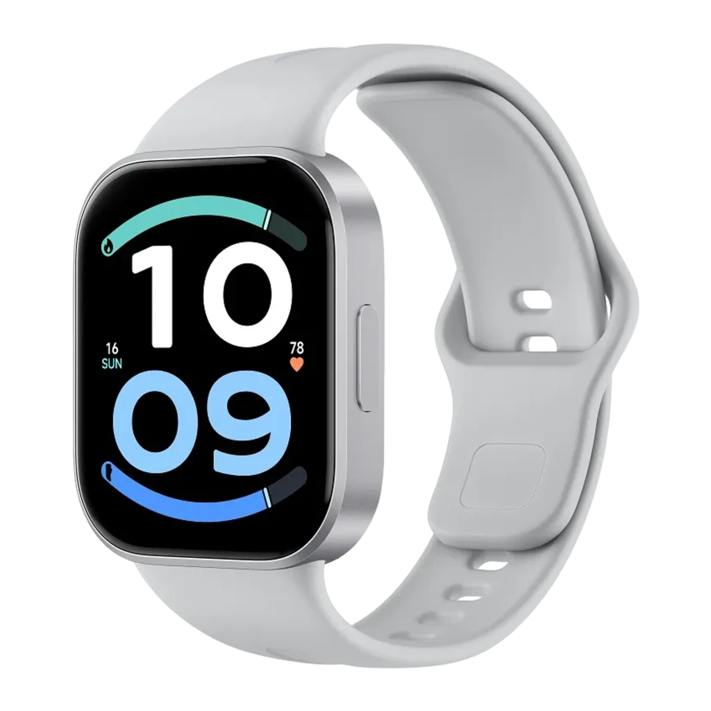 Xiaomi Redmi Watch 6 Active Plata con caja plateada, correa silicona gris claro y pantalla rectangular a color con esferas grandes y bordes curvos