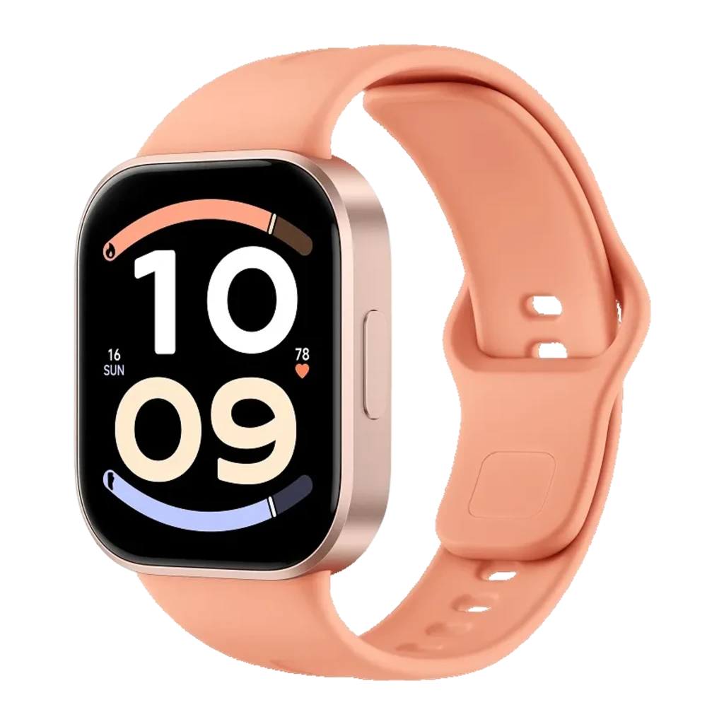 Xiaomi Redmi Watch 6 Active Naranja Atardecer con caja dorada, correa de silicona coral, pantalla rectangular grande y bordes curvos, diseño deportivo elegante