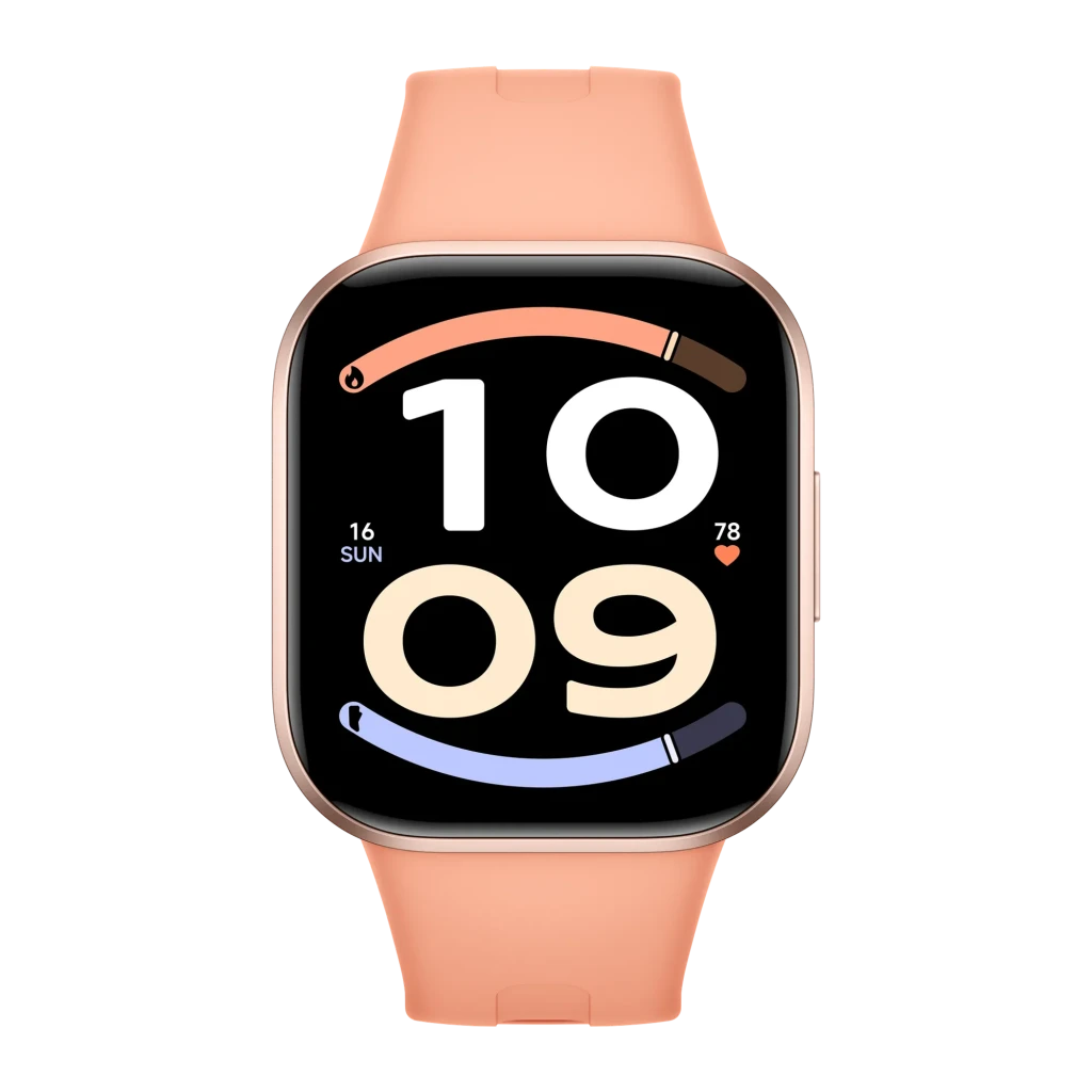 Xiaomi Redmi Watch 6 Active Naranja Atardecer con correa silicona, caja dorada, pantalla rectangular grande, esfera digital colorida y sensor de ritmo cardíaco