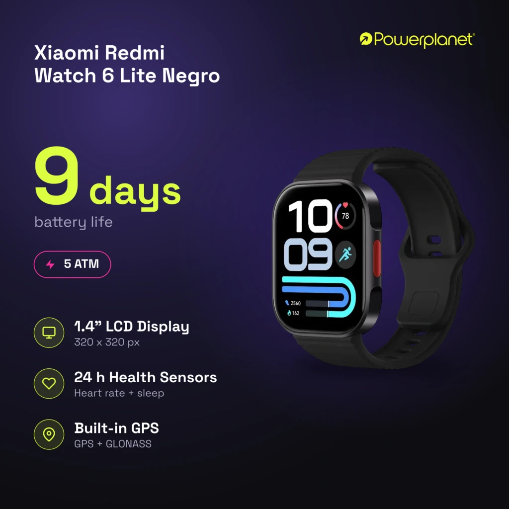 Xiaomi Redmi Watch 6 Lite Negro con pantalla LCD 1.4 pulgadas, correa negra, bordes redondeados, resistencia 5 ATM y botones laterales discretos