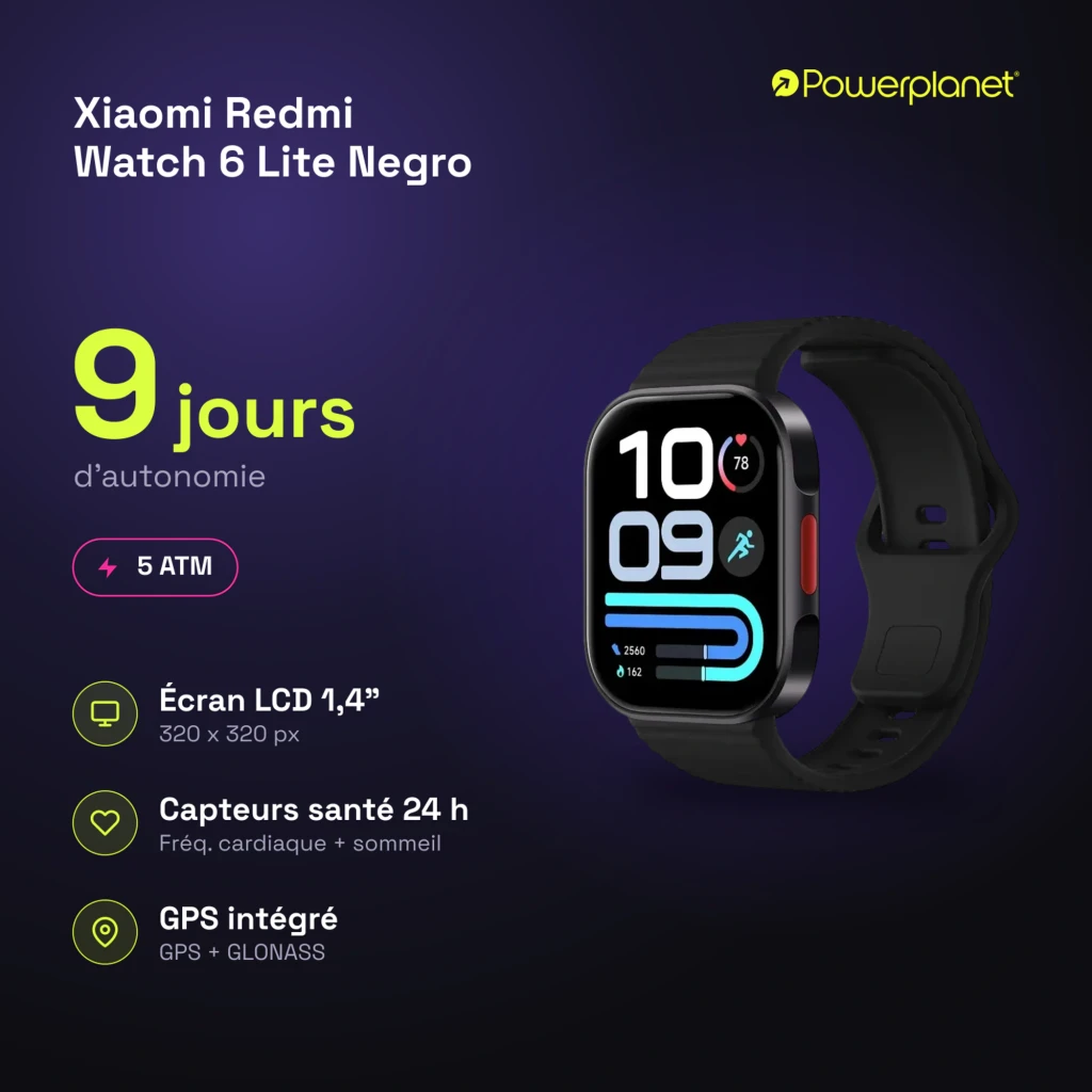 Xiaomi Redmi Watch 6 Lite Negro con pantalla LCD 1.4, correa negra, bordes redondeados y botón lateral rojo; GPS + GLONASS, SpO2 y frecuencia cardíaca 24 h