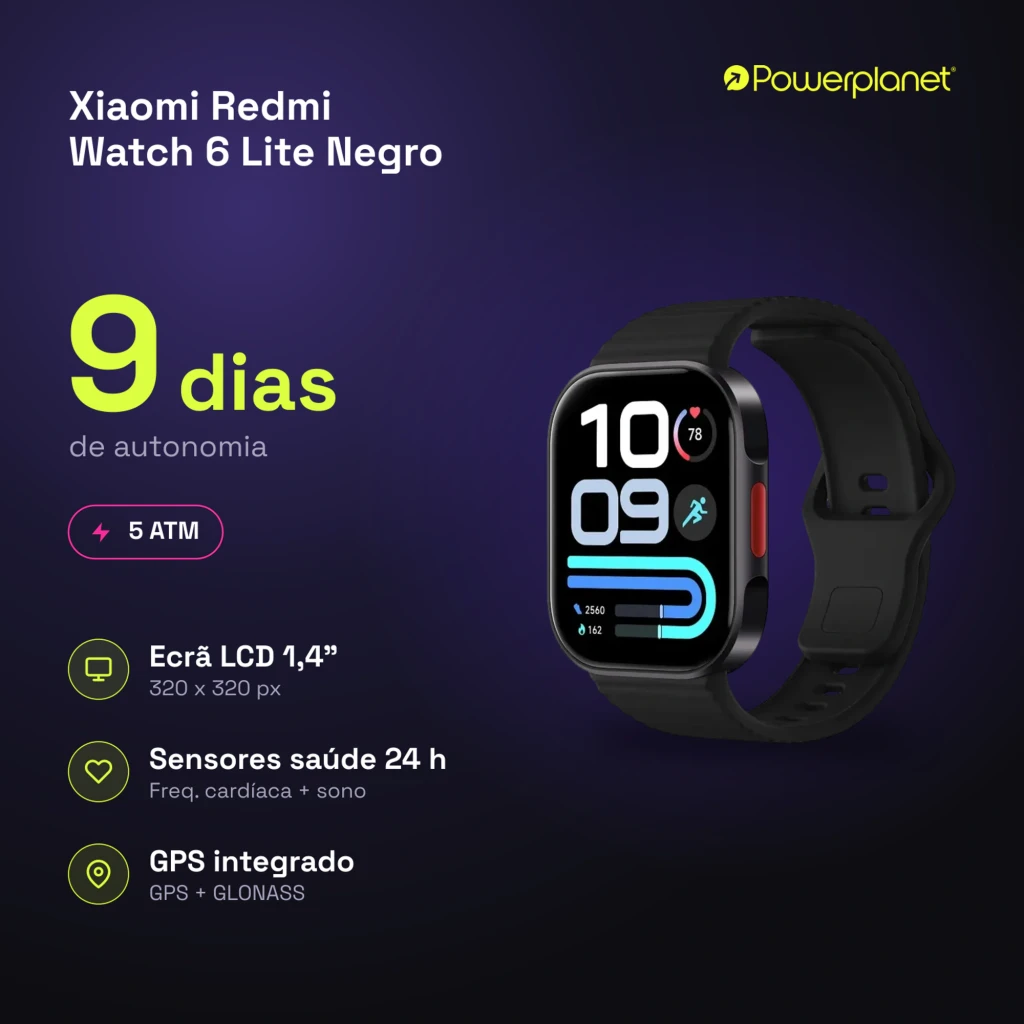 Xiaomi Redmi Watch 6 Lite Negro con pantalla LCD 1.4, correa de silicona negra, marco curvo, botón lateral azul y bisel minimalista; GPS + GLONASS, SpO2, 24 h