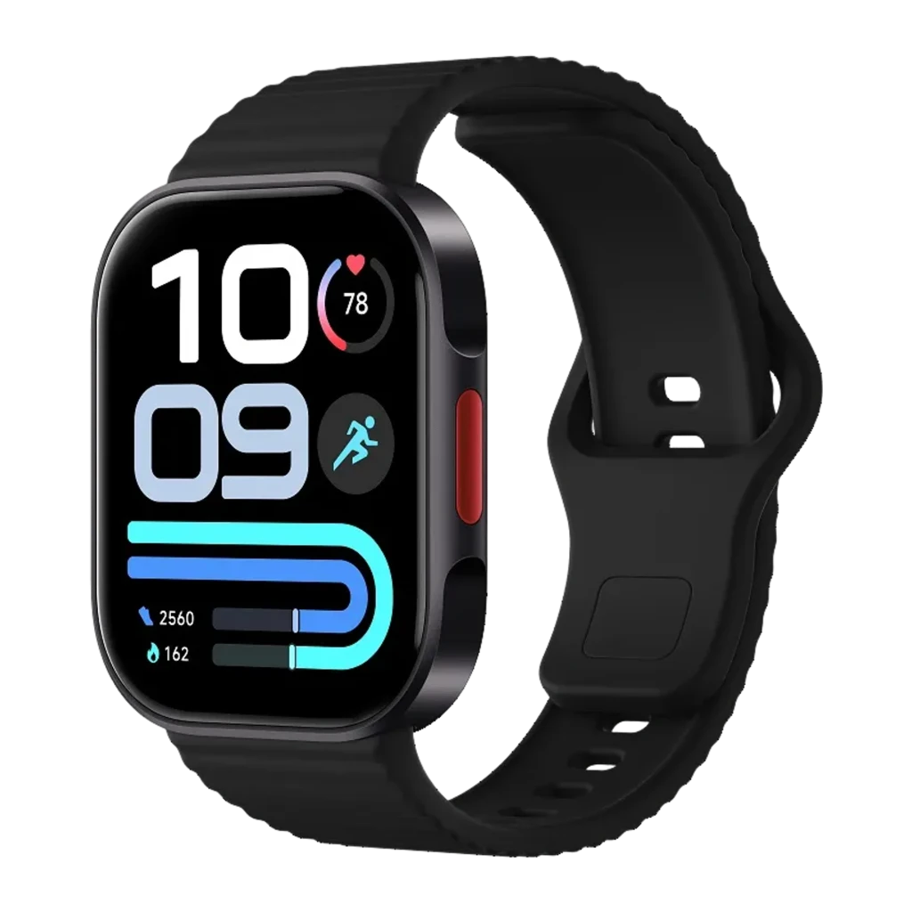 Xiaomi Redmi Watch 6 Lite Negro con pantalla rectangular, correa de silicona negra y botón rojo. Muestra pasos, ritmo cardíaco, SpO2, GPS y GLONASS