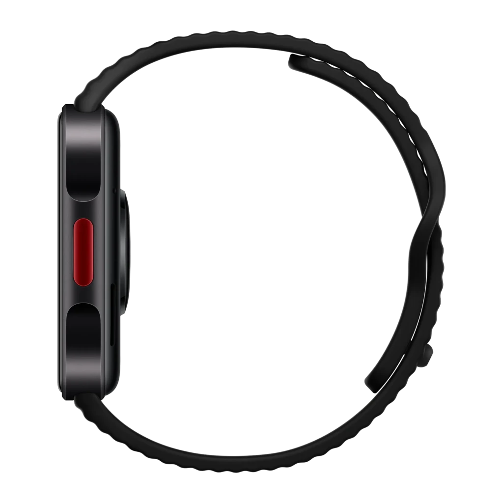 Xiaomi Redmi Watch 6 Lite negro, caja rectangular delgada, botón lateral rojo, correa de silicona negra, perfil minimalista, diseño ligero y deportivo