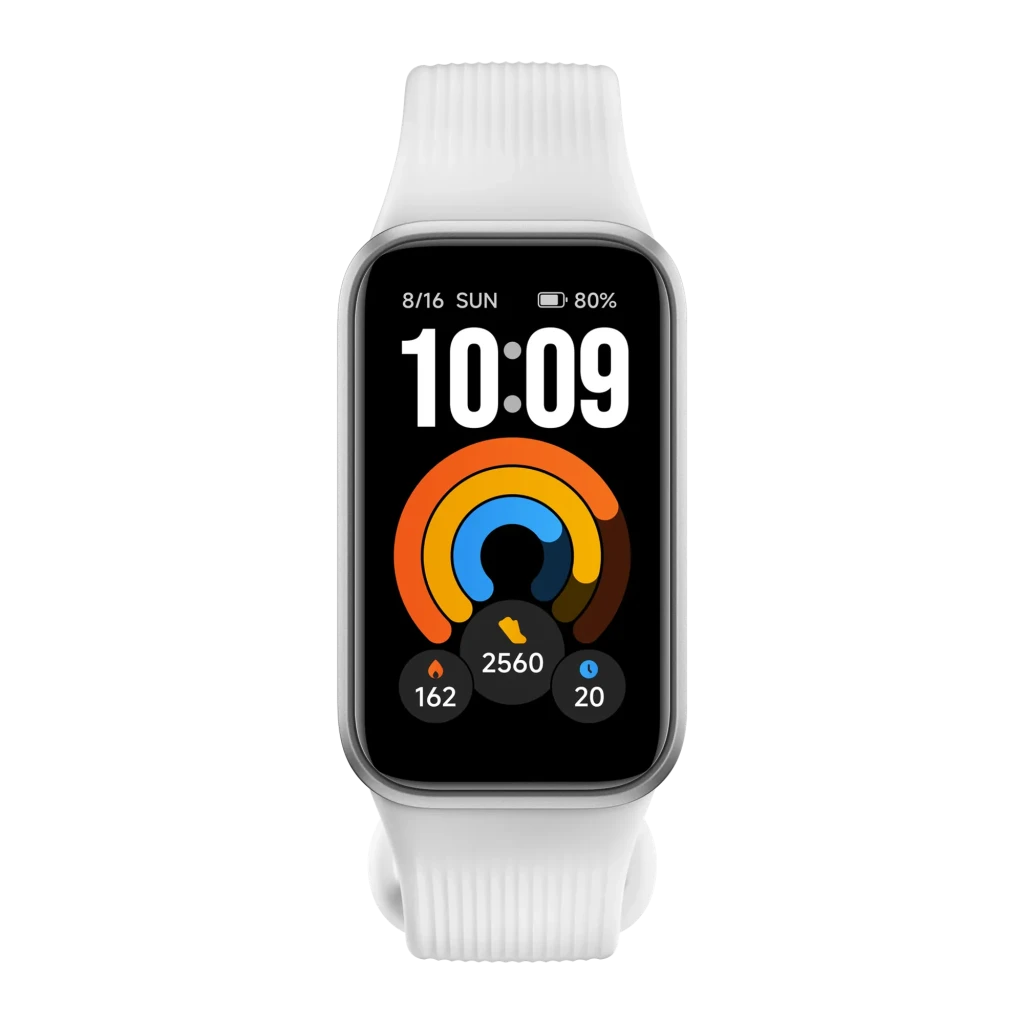 Xiaomi Smart Band 11 Active plata con pantalla rectangular grande, correa blanca texturizada y esferas fitness coloridas que muestran pasos, pulso y batería