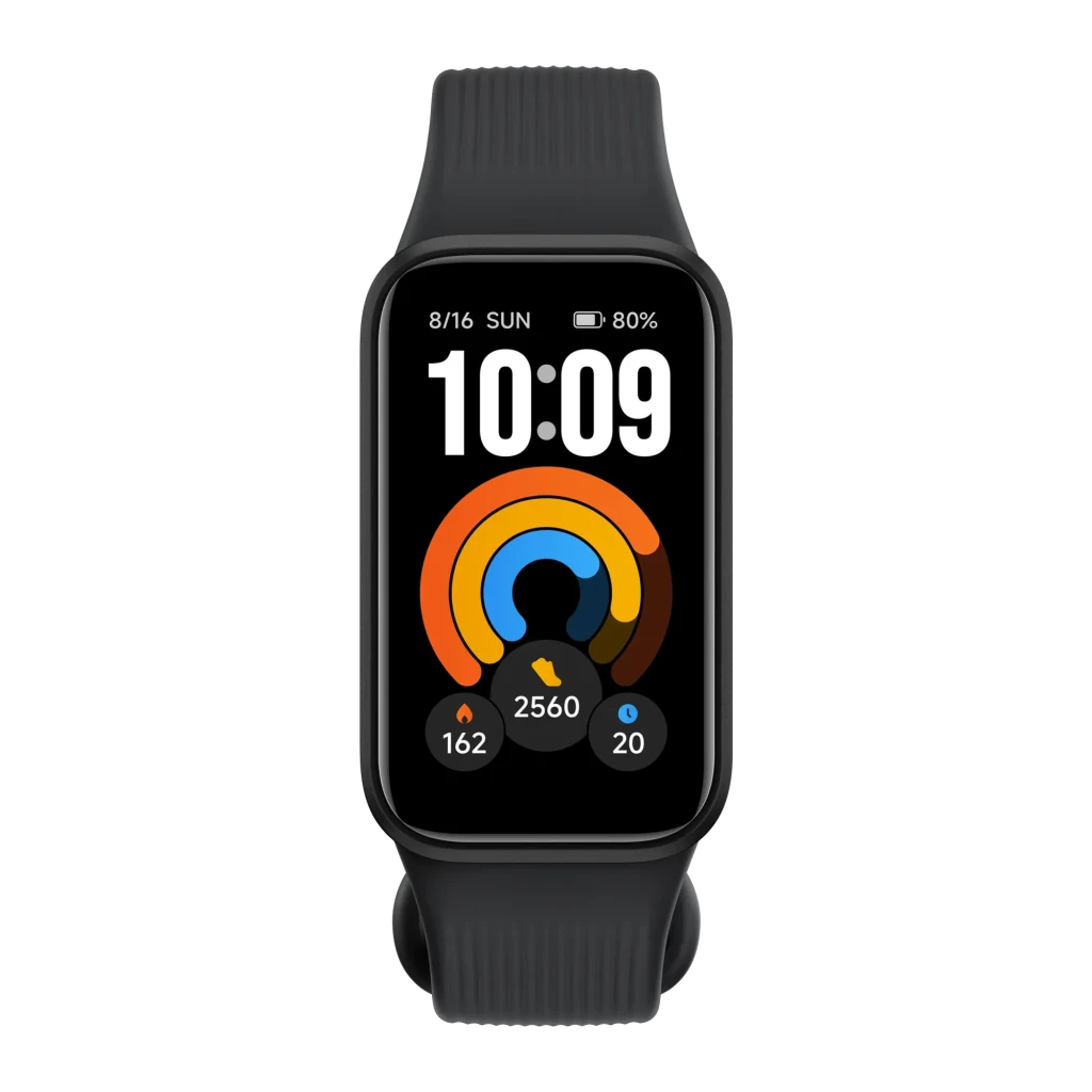 Xiaomi Smart Band 11 Active Negro con pantalla rectangular, correa de silicona y esferas coloridas; muestra hora, pasos 2560, pulsaciones 162 y 80% batería