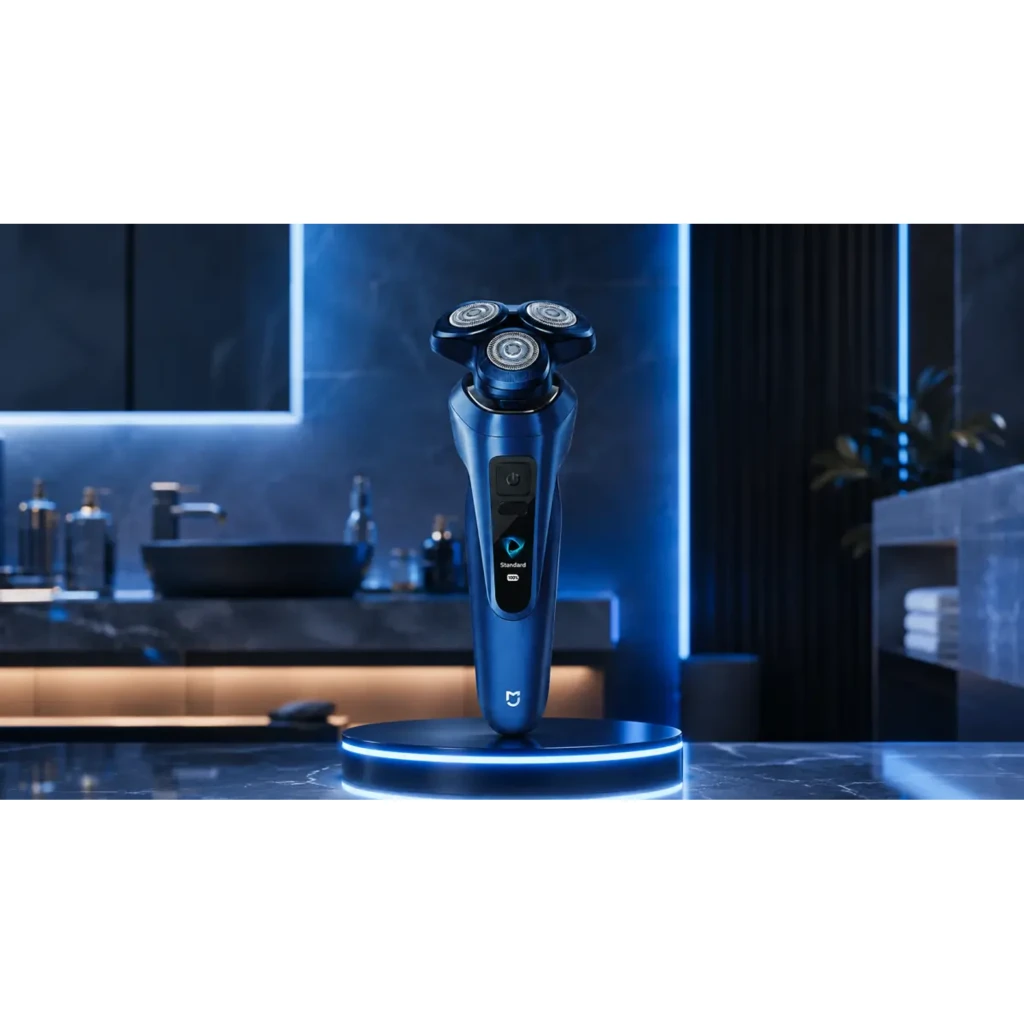 Afeitadora Eléctrica Xiaomi Mijia Electric Shaver Pro Portable Azul con tres cabezales rotatorios, cuerpo ergonómico azul y base de carga iluminada